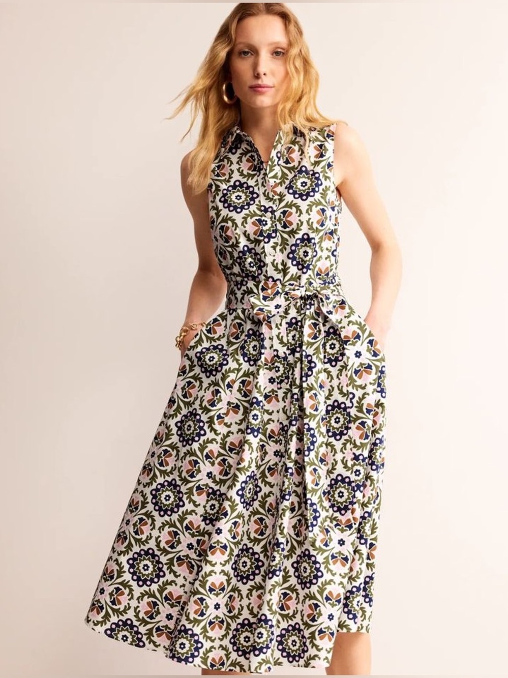 Boden Amy Sleeveless Belted Cotton Shirt Dress Size 6